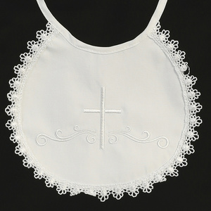 100% Cotton bib with embroidered cross & lace trim
