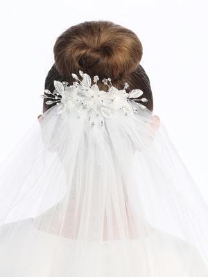 24" Veil on comb - Organza flowers & rhinestones, pearls & crystals