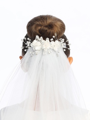 24" veil on comb - Organza & Corded flowers with rhinestones